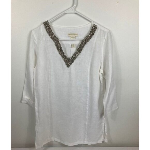Womens Cynthia Rowley Linen Beaded Tunic Top White S - Picture 1 of 10
